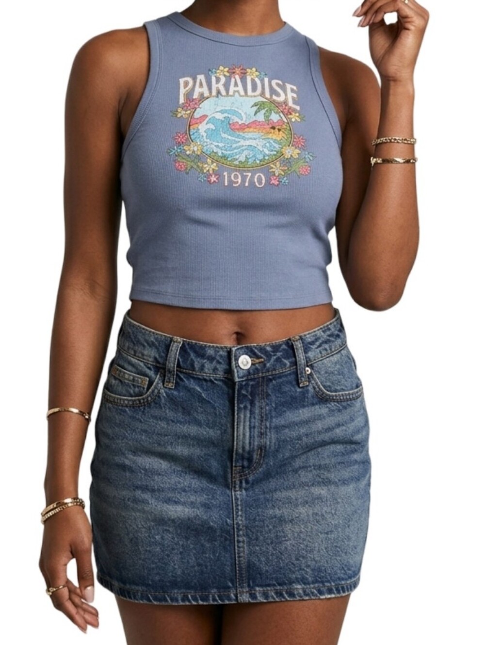 HOLLISTER Blue Ribbed Paradise 1970 Graphic Crop Tank Top S